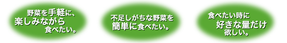 野菜を手軽に、楽しみながら食べたい。 不足しがちな野菜を簡単に食べたい。 食べたい時に好きな量だけ欲しい。